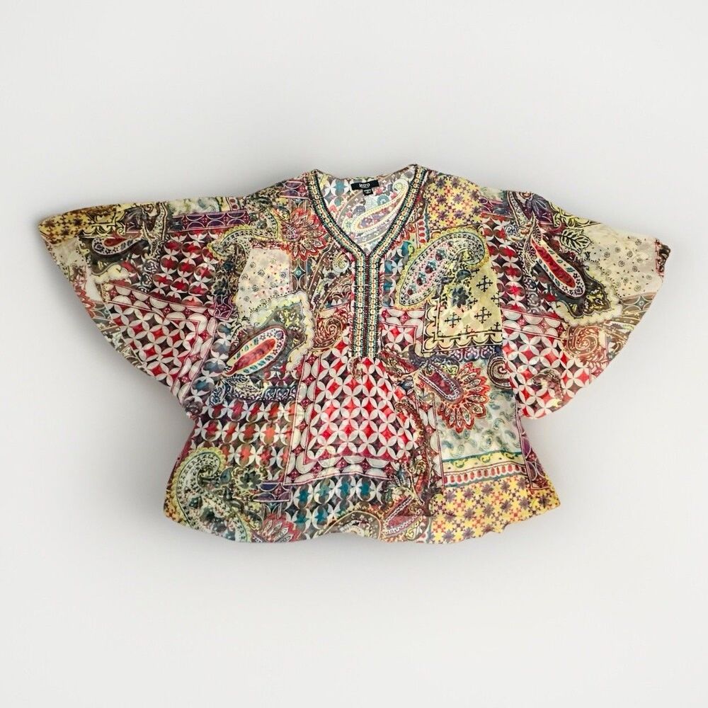 Intro Multi-Color Boho Flutter Sleeve Sheer‎ Beaded Resort Wear Blouse Women 1X